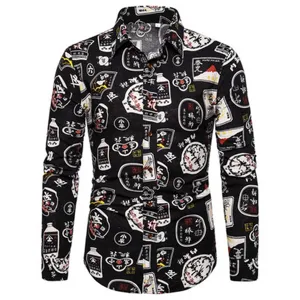 Men's casual long sleeve shirt with vintage Japanese print, stylish slim fit apparel.