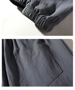 Close-up detail shot of men's casual cotton linen trousers pockets and elastic waistband.