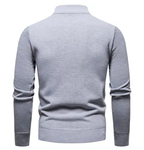 Men solid color knit sweater back view, stand collar half zip slim fit casual top detail.