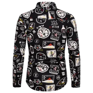 Men's casual long sleeve shirt with Japanese print style, vintage design, comfortable fit for daily wear.