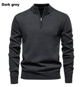 Men's dark grey stand collar half-zip slim fit solid color knit sweater detail display view