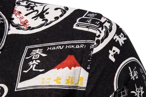 Men's casual long sleeve linen shirt detail showing Japanese style print and fabric texture.