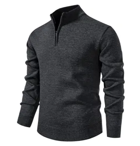 Men's charcoal grey stand collar half-zip knit sweater detail view, slim fit styling.