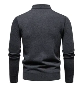 Men's dark grey solid knit sweater, classic stand collar with half zipper, long sleeve.