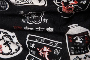 Men casual linen long sleeve shirt fabric detail, vintage ethnic print texture closeup view.