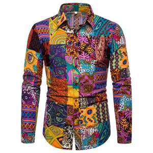 Men's ethnic style patchwork long sleeve casual shirt detailed shot, vibrant print.