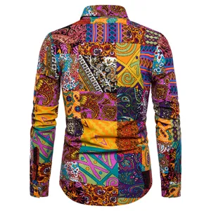 Men's ethnic floral long sleeve shirt casual slim fit vintage print button down shirt for men.
