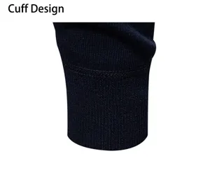 Men's knitted sweater cuff detail close-up, solid dark blue ribbed sleeve design top.