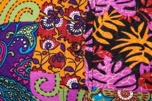 Men's casual long sleeve linen shirt detail, vibrant ethnic floral patchwork print design.