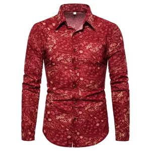 Men's long sleeve red paisley print shirt vintage ethnic casual button down shirt top