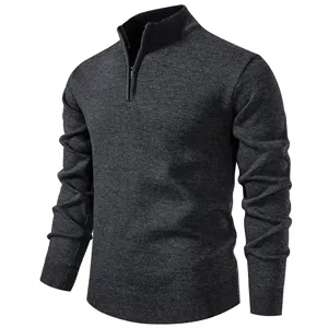 Men solid color quarter-zip mock neck slim fit knit sweater top for daily casual wear