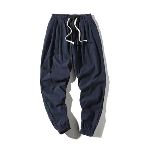 Men Summer Casual Cotton Linen Harem Pants Loose Drawstring Cropped Trousers Dark Blue