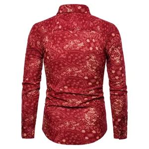 Men's long sleeve slim fit casual shirt with retro paisley print and classic lapel collar.