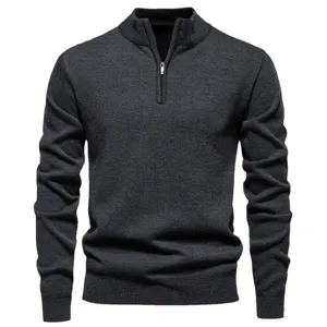 Men's dark grey half-zip mock neck knit sweater, slim fit long sleeve casual pullover top.