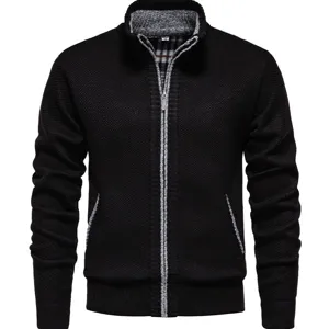 Men's Casual Fleece Lined Knit Cardigan Jacket Slim Fit Stand Collar Color Block Sweater Coat For Autumn Winter Warm Top