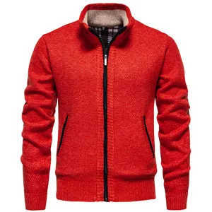 Men's red knitted cardigan winter thermal thick zip up stand collar sweater outerwear