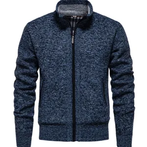 Men's winter thick knit cardigan jacket stand collar full zip blue sweater outerwear