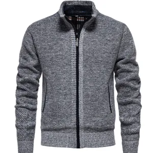 Men's winter thick knitted cardigan jacket casual stand collar full zip sweater gray