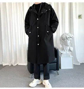 Men's black long hooded trench coat Korean style casual outerwear for autumn winter style