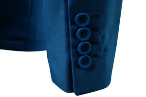 Detailed close-up view of mens navy blue suit jacket sleeve cuff with four matching buttons.