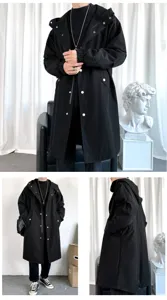 Men long hooded trench coat detail view showcasing black fabric, snap buttons and hood.