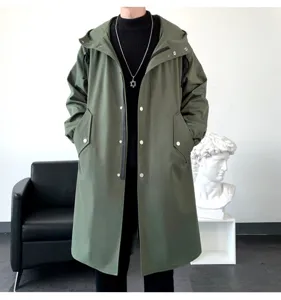 Men's long hooded trench coat in dark green, stylish Korean casual outerwear for autumn.