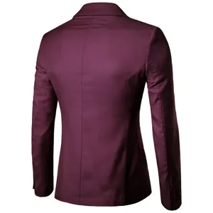 Back detail of wine red mens slim casual suit jacket, solid color single button blazer.