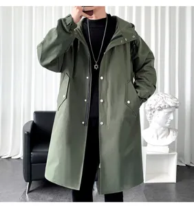 Men's military green long hooded windbreaker jacket casual outerwear for autumn season.