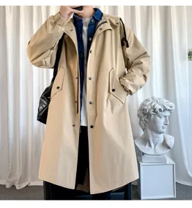 Men long hooded khaki trench coat, casual outerwear detail view showcasing quality fabric.