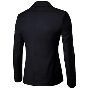 Men's black suit jacket back detail, business casual blazer view, solid color tailoring.