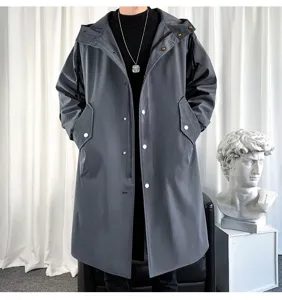 Men's long hooded windbreaker jacket detail view, stylish casual gray outerwear for men.