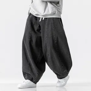 Men's baggy denim harem pants casual wide leg streetwear vintage washed blue jeans long trousers