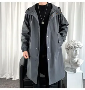Men's long hooded trench coat jacket, casual solid color casual outerwear for daily wear.