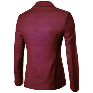 Men's burgundy suit jacket back view detail, single button casual blazer rear display.