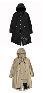 Men's long hooded windbreaker jacket, casual waterproof trench coat with fishtail design.