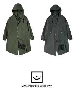 Long hooded men trench coat with snap buttons and drawstring, detailed view of autumn wear.