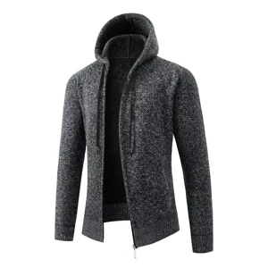 Cardigan con cappuccio da uomo in maglia felpata grigio scuro, giacca invernale.