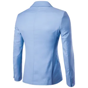 Men's light blue casual business suit jacket back view detail, elegant solid color blazer.