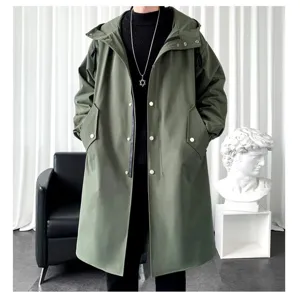 Men's army green hooded long trench coat Korean style casual outerwear main product view