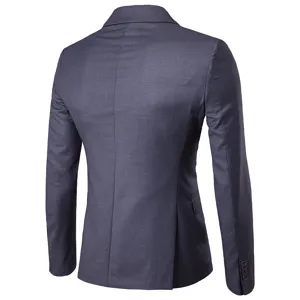 Men's suit jacket back detail, dark grey slim fit blazer rear view, professional apparel shot.