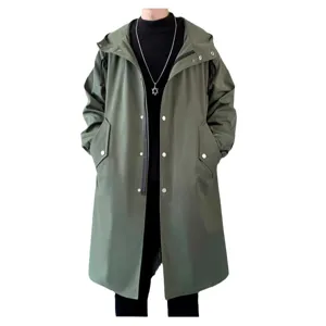 Men's green hooded long trench coat, stylish Korean style windbreaker outerwear for autumn.