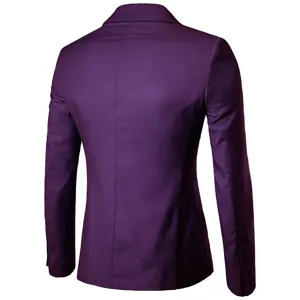 Back detail view of solid purple mens business casual suit blazer jacket with slim fit design.