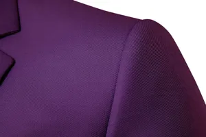 Purple suit jacket shoulder fabric detail, elegant business casual blazer close-up.