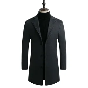 Manteau en Laine Mi-Long pour Hommes Coupe Ajustée Business Décontracté Manteau Revers Boutonnage Simple Coupe-Vent Hiver Chaud Extérieur Polyester
