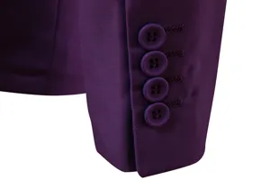 Close-up detail view of purple men suit jacket sleeve cuff featuring four matching buttons.