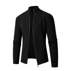 Cardigan Décontracté pour Hommes Col Montant Fermeture Éclair Pull Tricot à Côtes Veste Mélange de Polyester Couleur Unie Haut