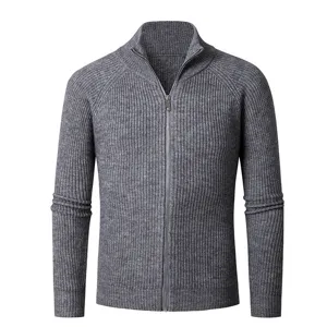 Gilet Homme Gris Casual Fermeture Eclair Col Montant Uni Maille Cotes Cardigan Hiver