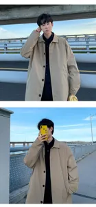 Mens casual single-breasted khaki trench coat mid-length loose streetwear autumn outerwear
