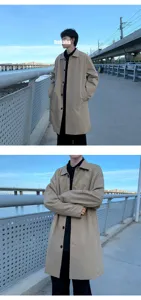 Men loose khaki trench coat single breasted casual mid length outerwear for spring autumn.