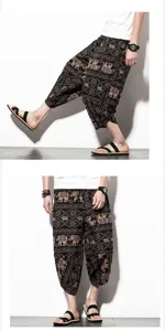 Men's ethnic elephant print cropped harem trousers, casual breathable summer linen pants.
